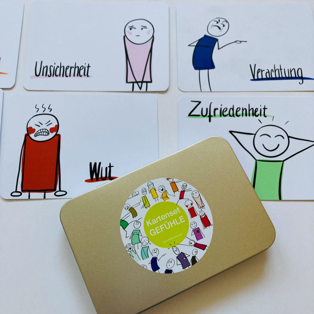Gefühlskarten in Scharnierdeckeldose – vier Karten sichtbar
