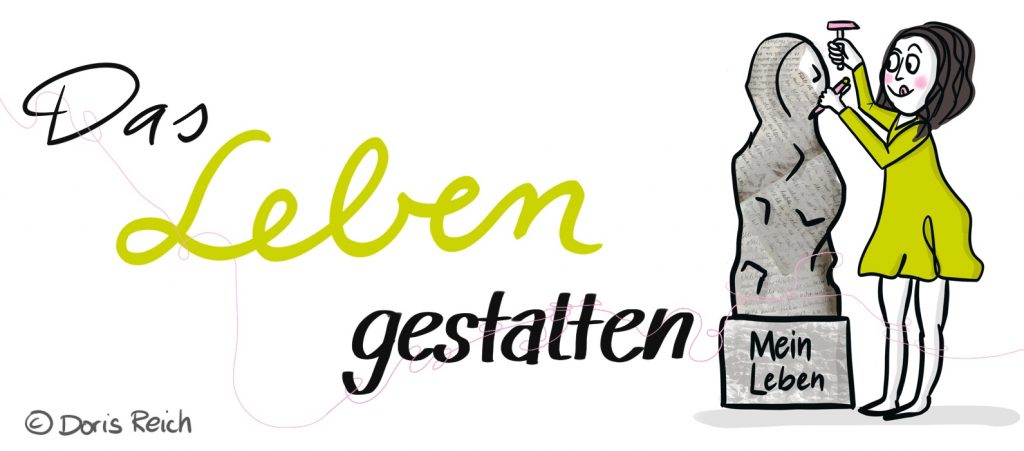 Frau mit Hammer und Meißel gestaltet den Stein „Mein Leben“ – Symbol für Online Coaching mit Biografiearbeit und persönliches Wachstum.