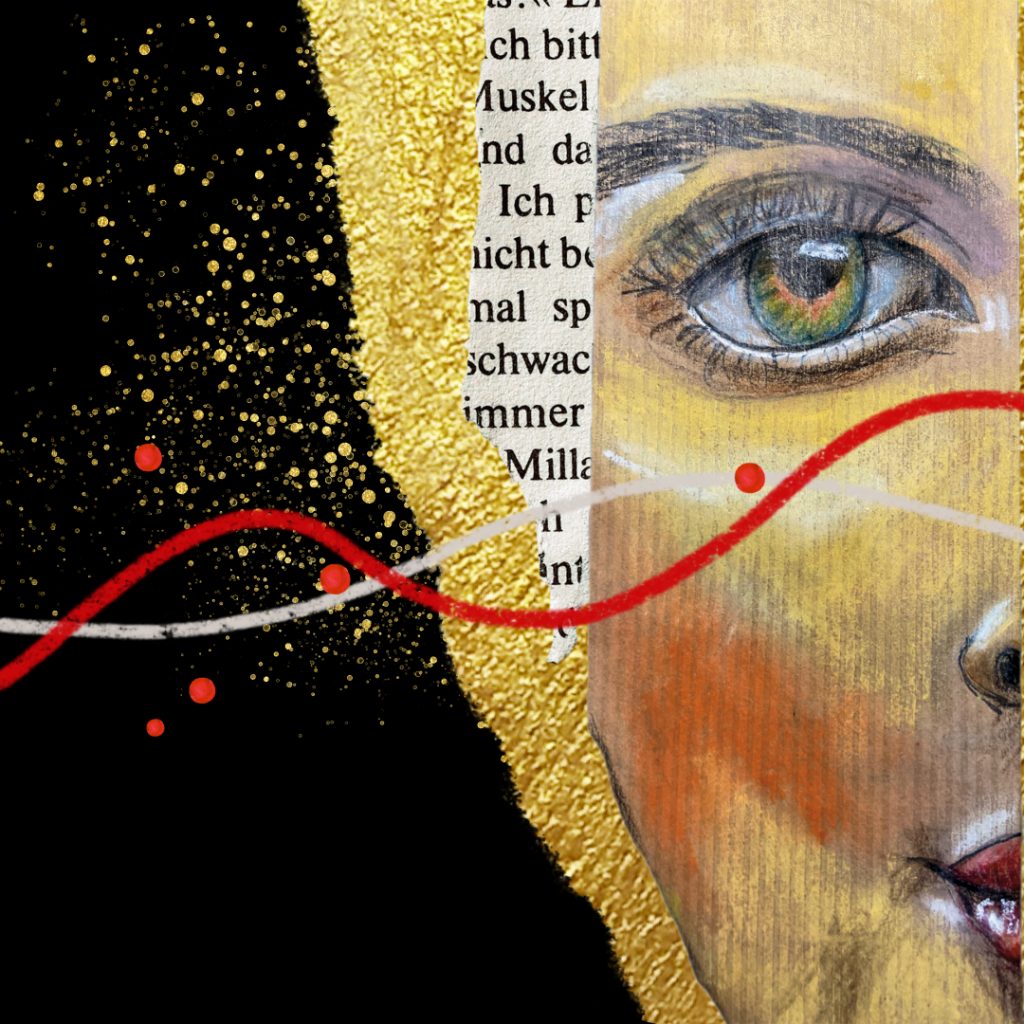 Gezeichnetes Gesicht mit Auge, Textfragment und goldfarbenem Hintergrund. Schwarzer Hintergrund, rote und graue Lebenslinie im Vordergrund – Symbol für Biografiearbeit.