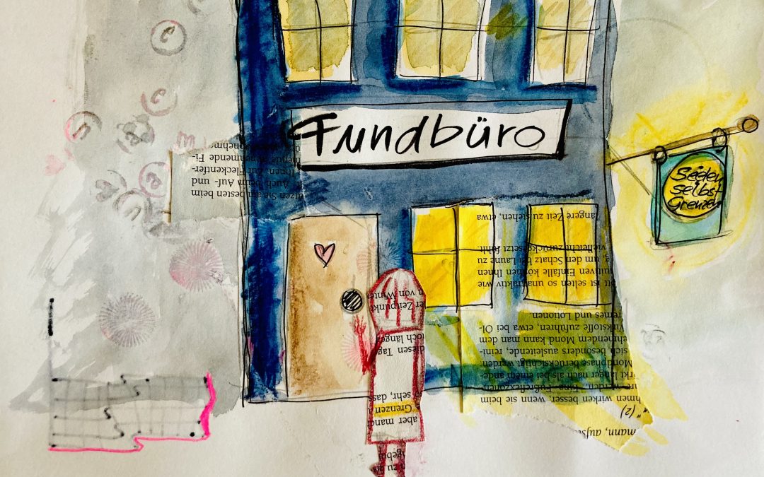 Illustration: Eine Figur steht vor einem Gebäude mit dem Schild ›Fundbüro‹ und einer Fahne mit den Worten ›Seelen, Selbst, Grenzen