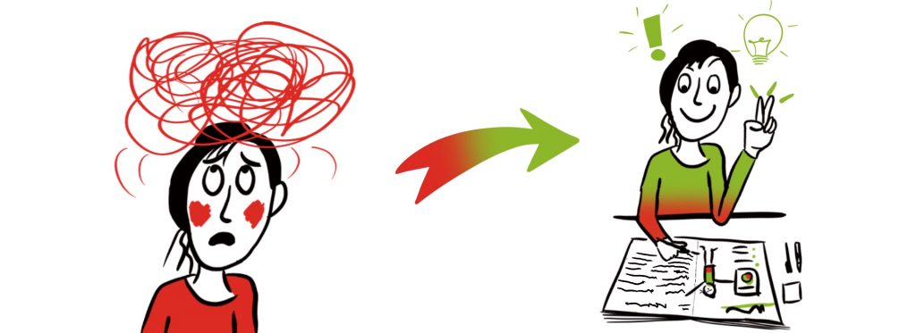 Zwei Frauen stehen für innere Verwandlung: links eine Frau mit einem roten Liniengewirr über dem Kopf, das verwirrte Gedanken symbolisiert, rechts eine Frau, die ruhig in ihr Journal schreibt. Über ihrem Kopf leuchten eine Glühbirne und ein Ausrufezeichen – Zeichen für Klarheit und Erkenntnis durch Journal Writing.