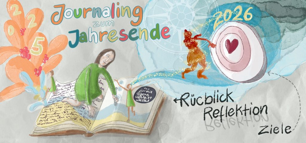 Illustration: Frau schreibt ins Journal, um das Jahr 2025 zu reflektieren – Journaling Workshop Jahresende für Frauen
