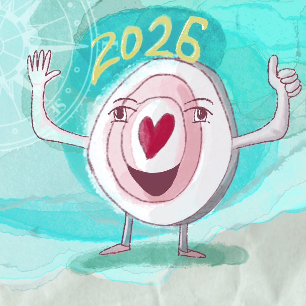 Zielscheibe mit Herz-Nase und Daumen hoch, Zahl 2026 – Symbol für Ziele im Journaling Workshop Jahresende